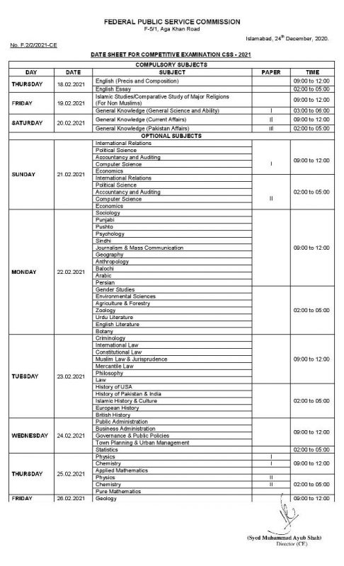 fpsc css date sheet 2022